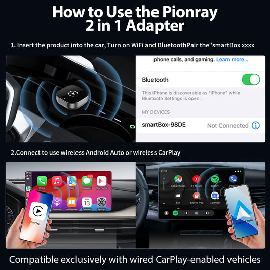 2026 Pionray 2 in 1 Wireless CarPlay Adapter&Android Auto Wireless Adapter, 5Ghz WiFi Type-C/USB Plug Play CarPlay Wireless