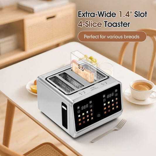 Toaster 4 Slice, Digital Smart Toaster with TouchScreen, Dual Control Panel, Single Slot Toasting, Timer, Reheat & Defrost for Bagels, Bread, Waffles, Stainless Steel Kitchen Essentials,  Bagel Toaster, Modern Kitchen Gadget,