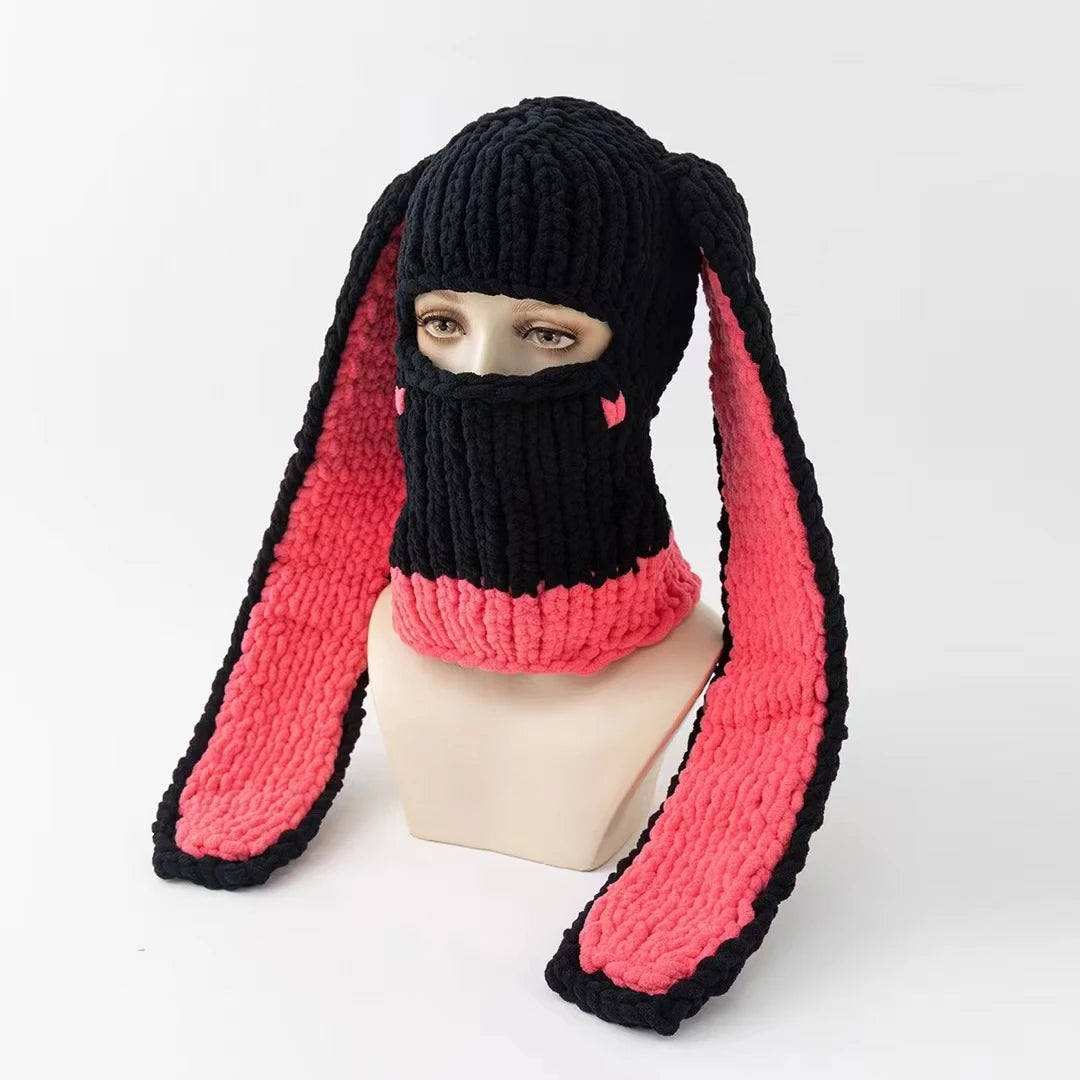 Fashion Womens Knit Full Face Ski Mask Crochet Balaclava Winter Warm Kawaii Cute Bunny Ears Knitted Balaclava Face Cover Mask