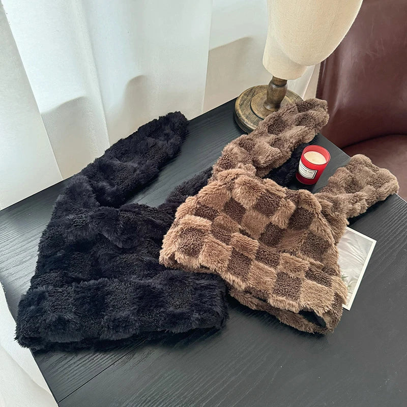 Korean Checkerboard Cute Long Rabbit Ears Lamb Wool Pullover Hat Men and Women Winter Warm Ear Protection Skull Beanie Cap