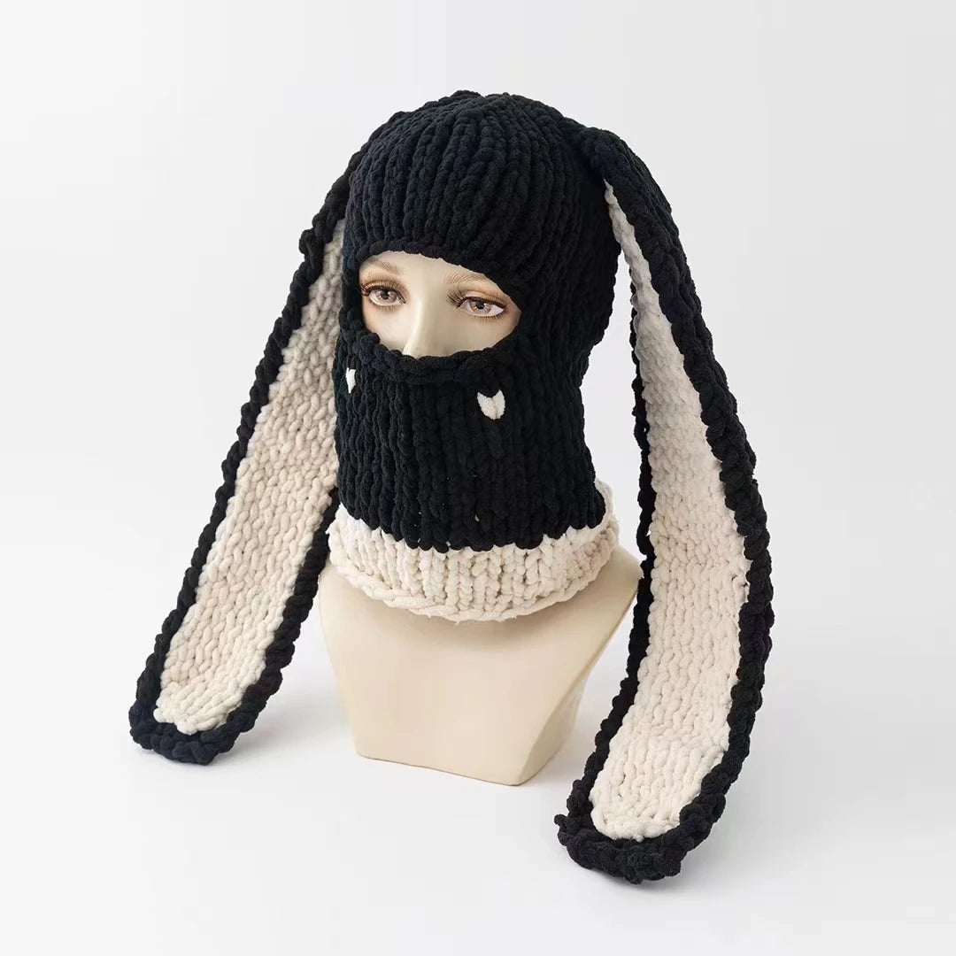 Fashion Womens Knit Full Face Ski Mask Crochet Balaclava Winter Warm Kawaii Cute Bunny Ears Knitted Balaclava Face Cover Mask
