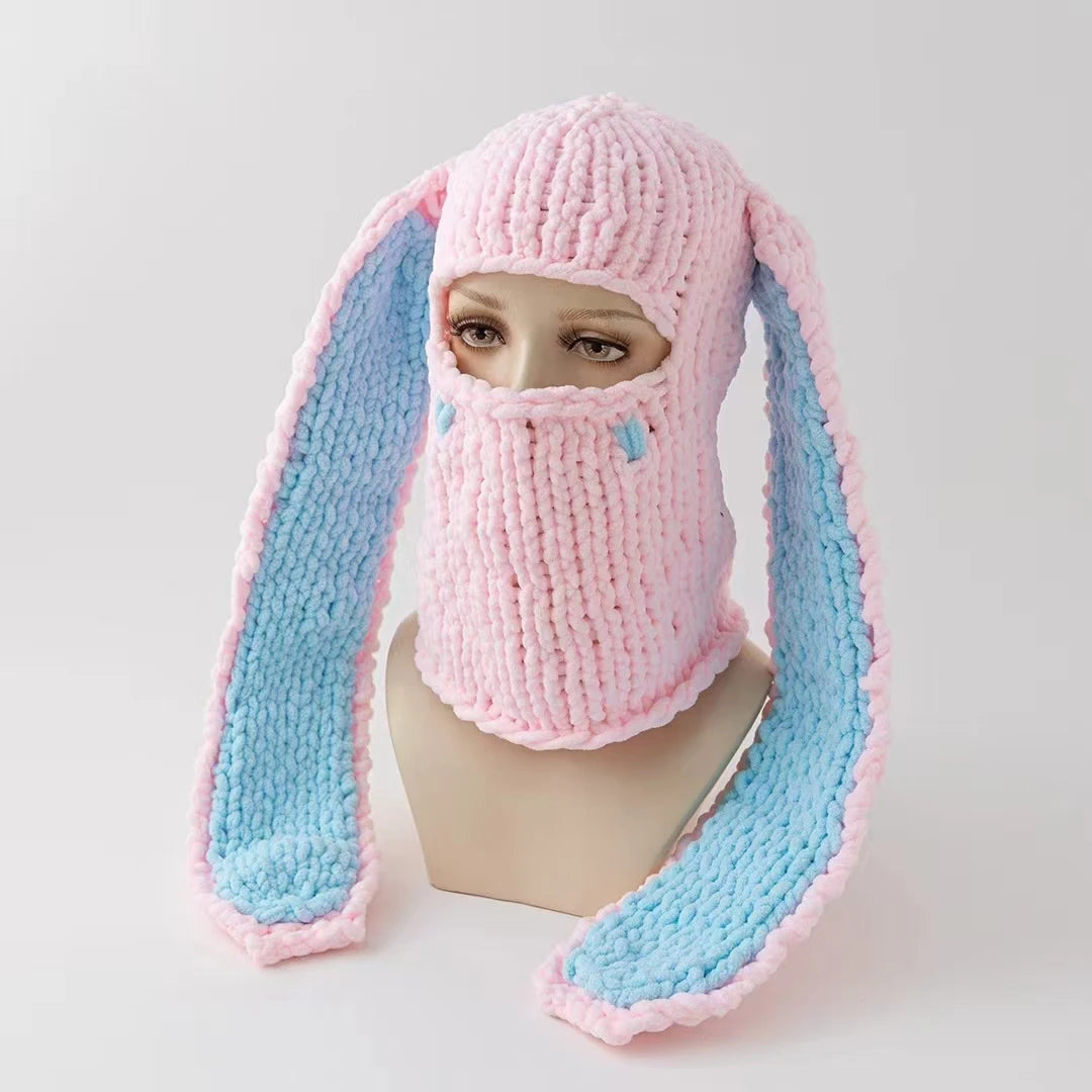 Fashion Womens Knit Full Face Ski Mask Crochet Balaclava Winter Warm Kawaii Cute Bunny Ears Knitted Balaclava Face Cover Mask