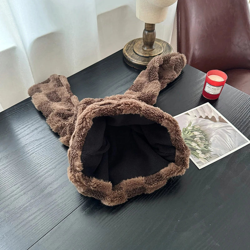 Korean Checkerboard Cute Long Rabbit Ears Lamb Wool Pullover Hat Men and Women Winter Warm Ear Protection Skull Beanie Cap