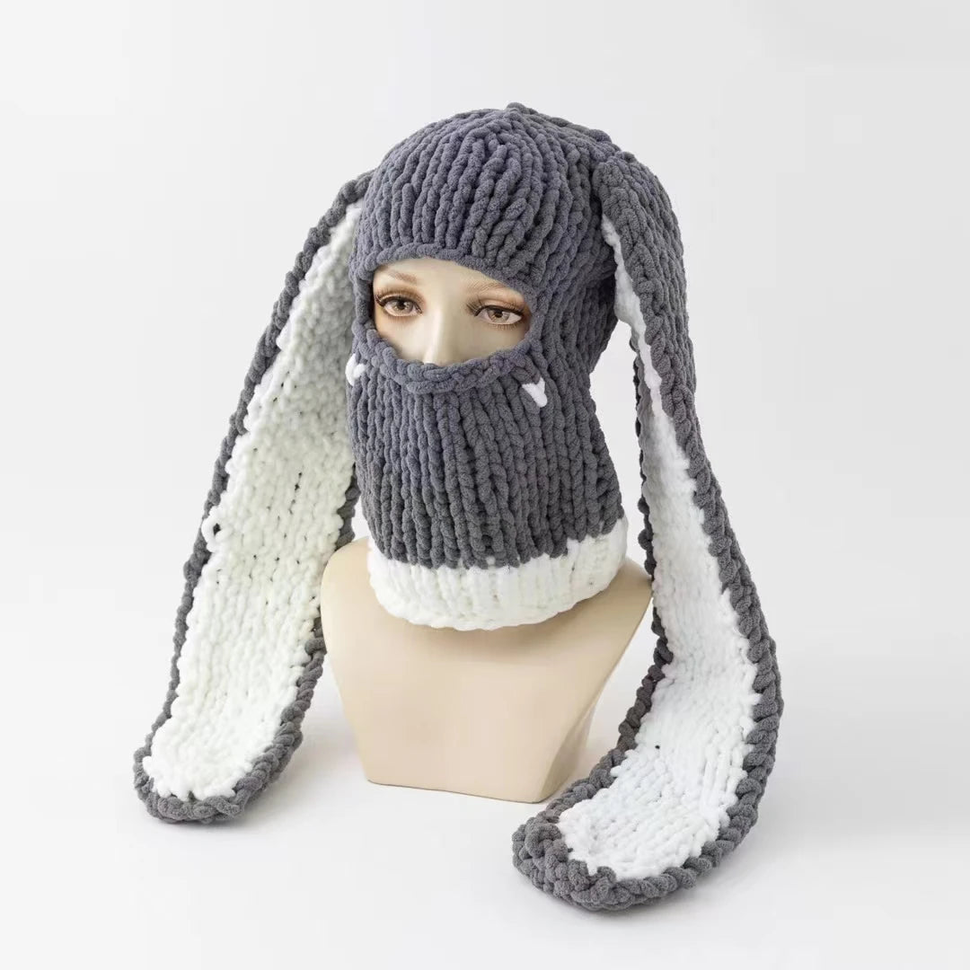 Fashion Womens Knit Full Face Ski Mask Crochet Balaclava Winter Warm Kawaii Cute Bunny Ears Knitted Balaclava Face Cover Mask