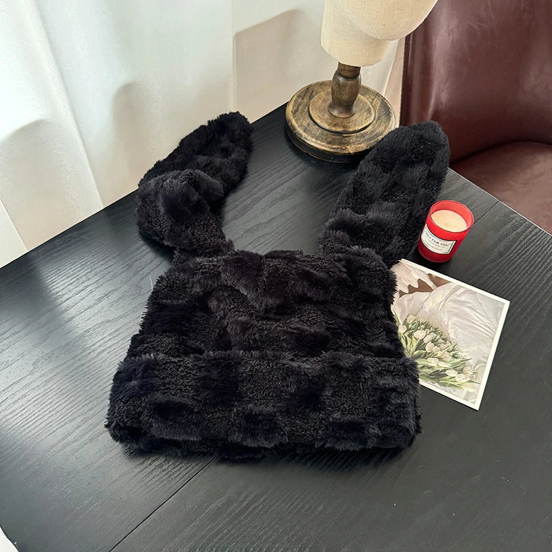 Korean Checkerboard Cute Long Rabbit Ears Lamb Wool Pullover Hat Men and Women Winter Warm Ear Protection Skull Beanie Cap