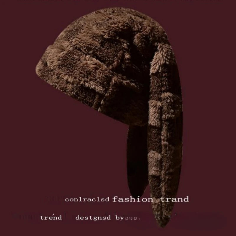 Korean Checkerboard Cute Long Rabbit Ears Lamb Wool Pullover Hat Men and Women Winter Warm Ear Protection Skull Beanie Cap