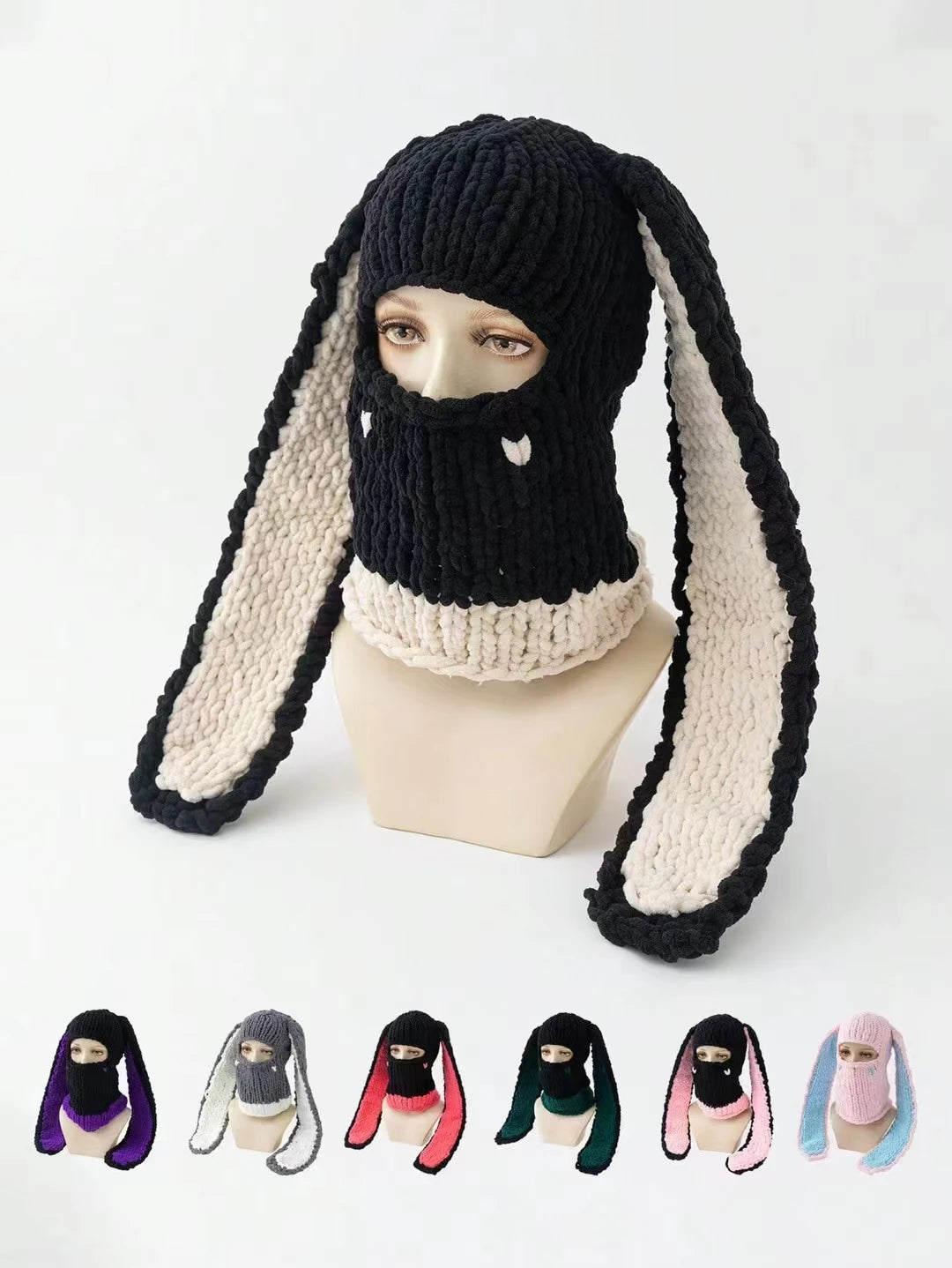 Fashion Womens Knit Full Face Ski Mask Crochet Balaclava Winter Warm Kawaii Cute Bunny Ears Knitted Balaclava Face Cover Mask