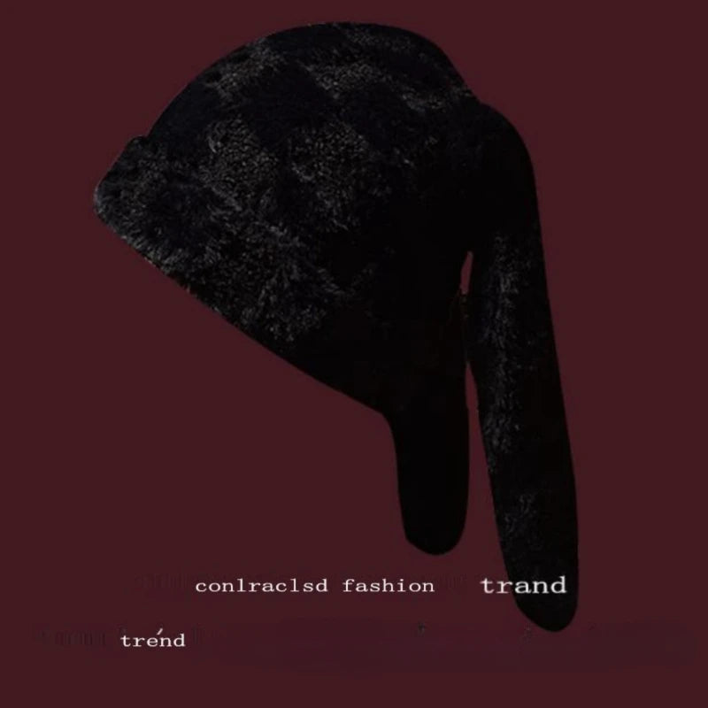 Korean Checkerboard Cute Long Rabbit Ears Lamb Wool Pullover Hat Men and Women Winter Warm Ear Protection Skull Beanie Cap