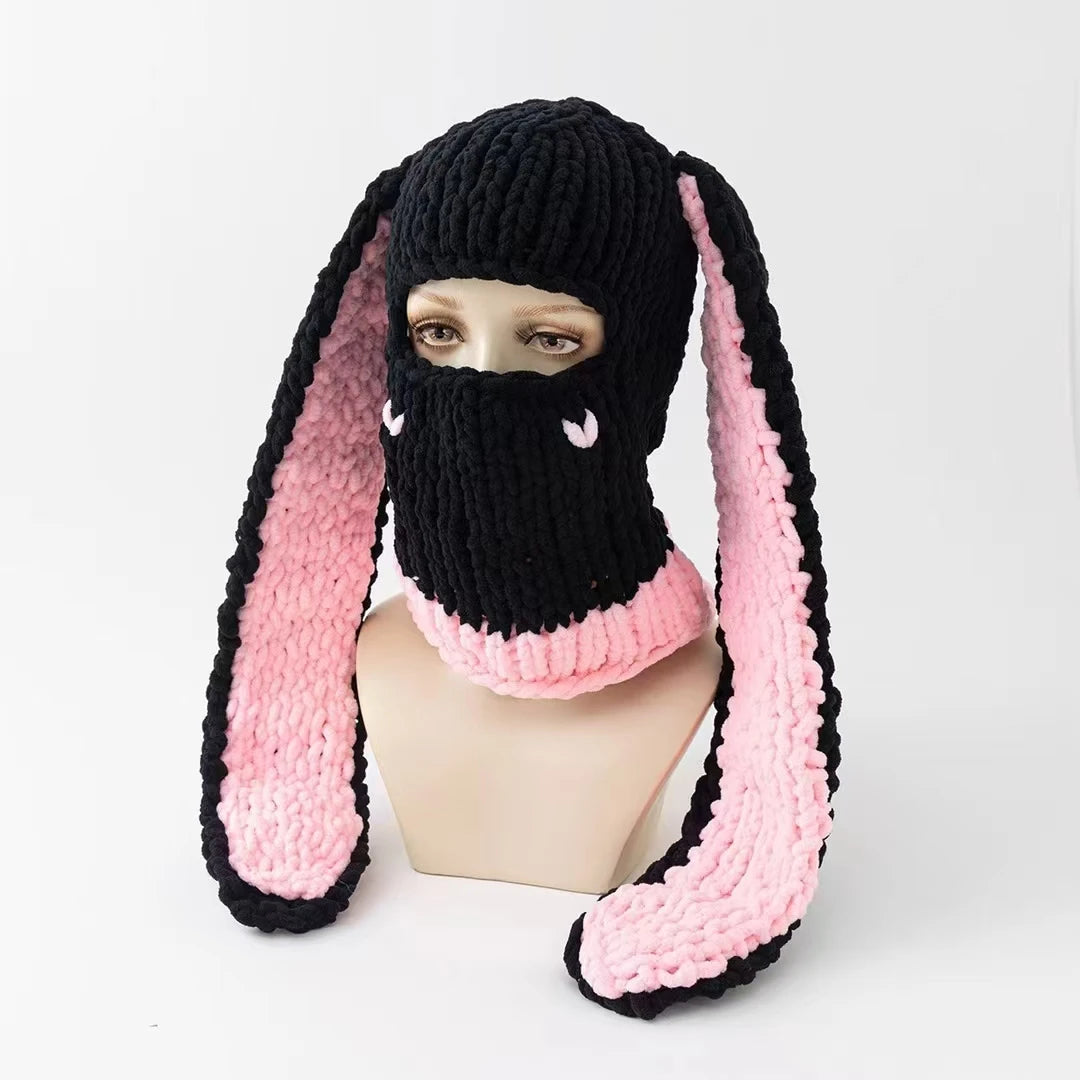 Fashion Womens Knit Full Face Ski Mask Crochet Balaclava Winter Warm Kawaii Cute Bunny Ears Knitted Balaclava Face Cover Mask