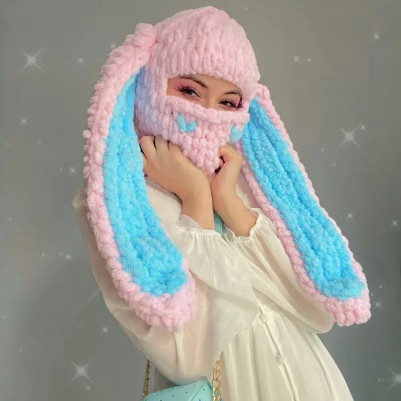 Fashion Womens Knit Full Face Ski Mask Crochet Balaclava Winter Warm Kawaii Cute Bunny Ears Knitted Balaclava Face Cover Mask